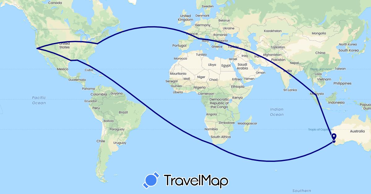 TravelMap itinerary: driving in Australia, Monaco, Malaysia, Turkey, United States, South Africa (Africa, Asia, Europe, North America, Oceania)
